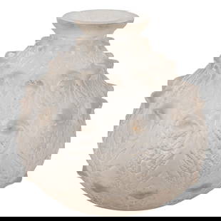 Rene Lalique "Fougeres" Glass Vase: Rene Lalique "Fougeres" Glass Vase20th Century, Continental.Rene Lalique Frosted art glass vase, with textured exterior depicting leaf motifs. Signed.H: 6 1/4" W: 5 1/2"