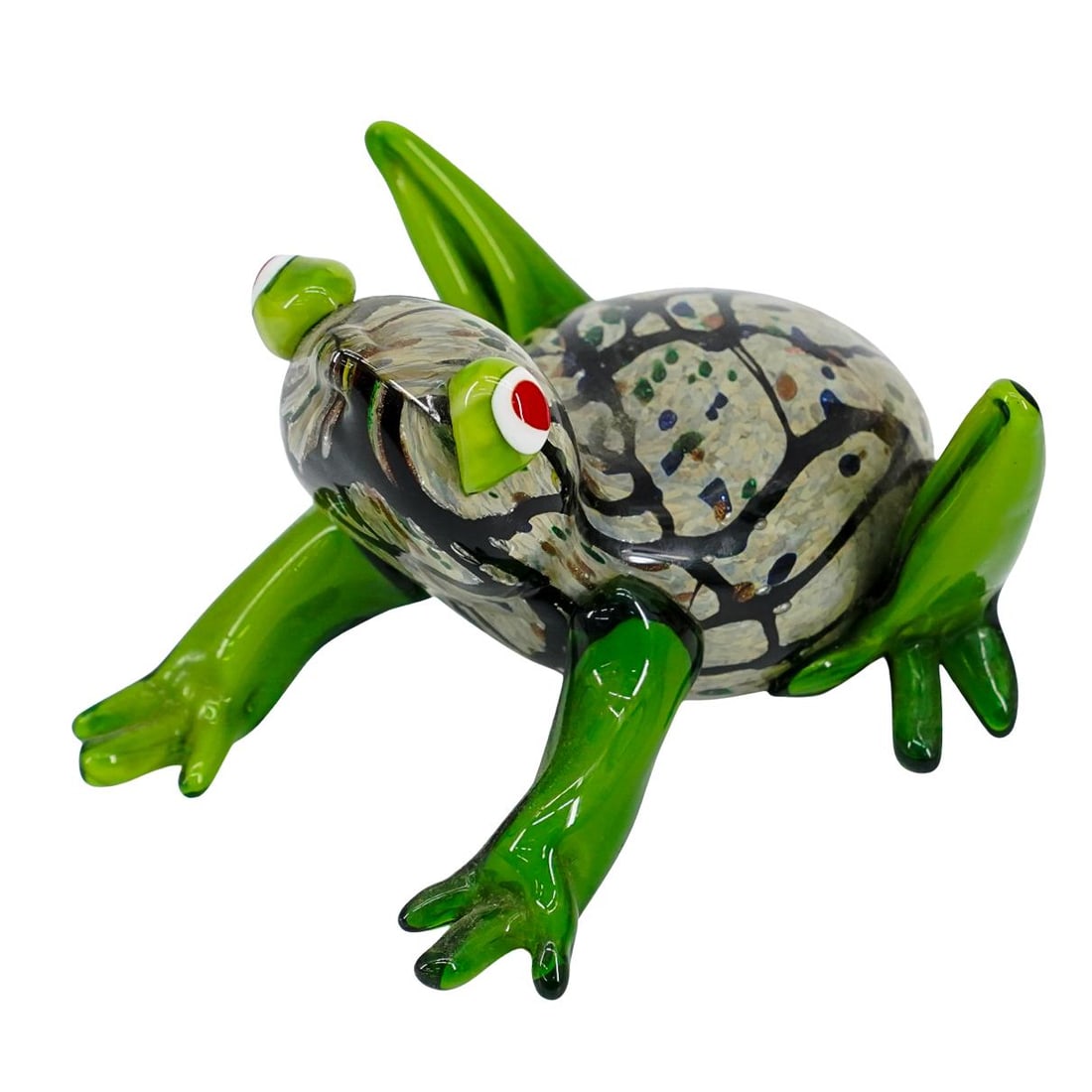 Murano Art Glass Frog Sculpture: Murano Art Glass Frog Sculpture 20th Century, Italy Murano Art Glass Frog Sculpture. Designed with multicolored body, green legs and protuding green, white and red eyes. With label tag ticker "Cristal