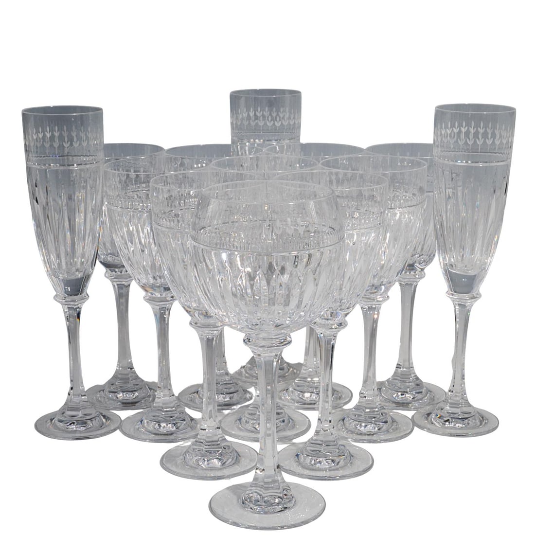 (13 pcs) Rogaska Crystal Stemware: (13 pcs) Rogaska Crystal Stemware 20th century, Slovenia Rogaska (Slovenia, established 1920s) clear cut crystal stemware. Each features cut crystal patterns and a frosted cut floral pattern around ri