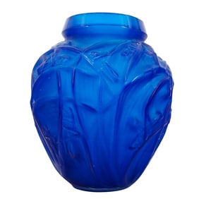 After Rene Lalique "Sauterelles" Electric Blue Glass Vase