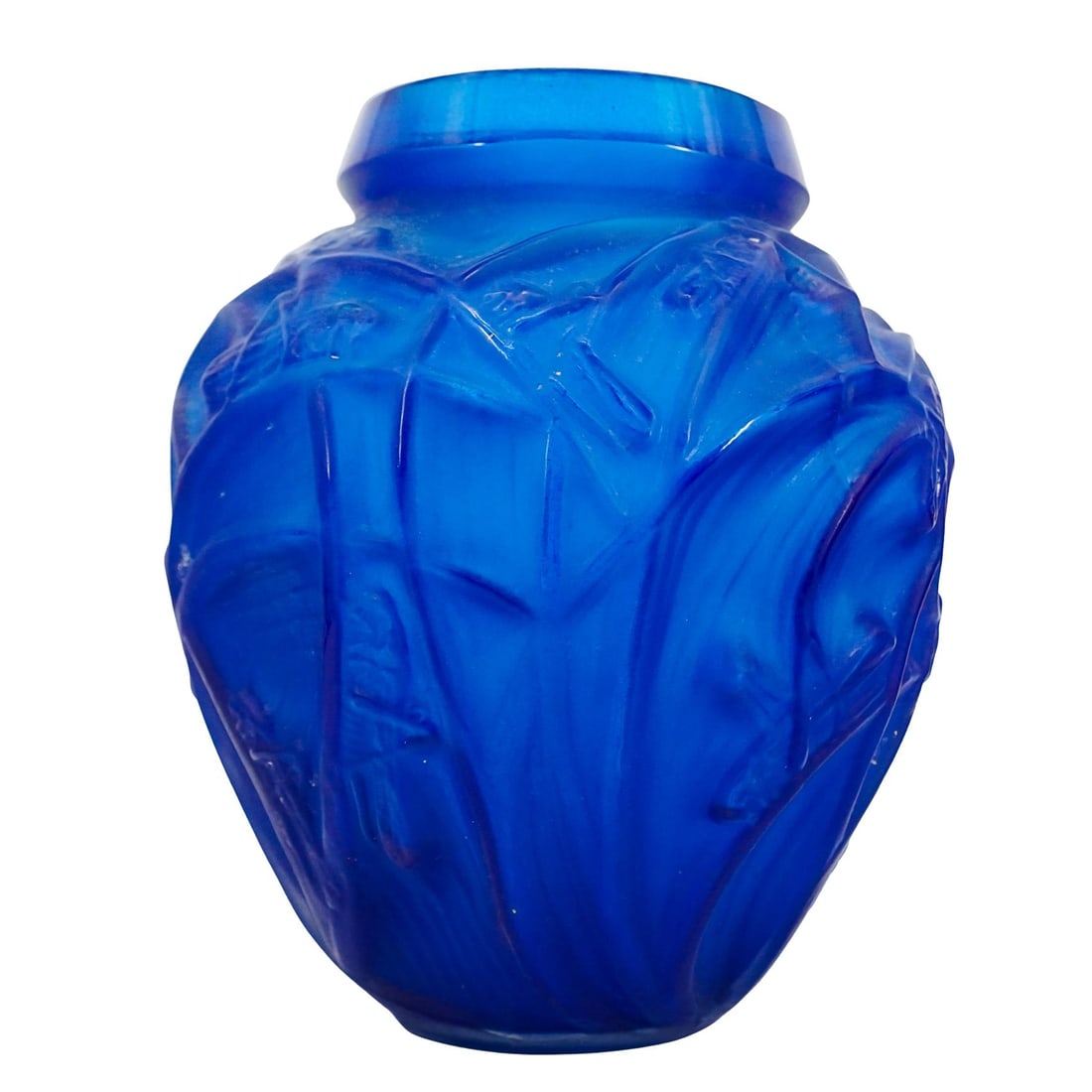 After Rene Lalique "Sauterelles" Electric Blue Glass Vase (1 of 5)