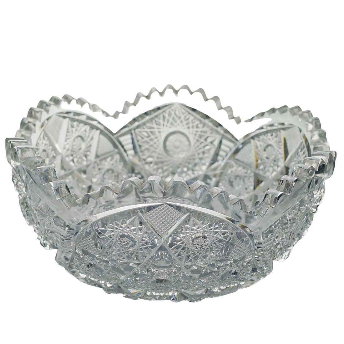 Antique Brilliant Cut Crystal Bowl: Antique Brilliant Cut Crystal Bowl19th- early 20th century, AmericanAntique American brilliant cut crystal bowl. Intricate crystal detailing with a petal cut rim.H 3 3/4" Diameter 8"