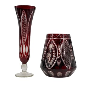(2 Pc) Bohemian Czech Cut To Clear Crystal Vases