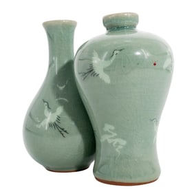 (2 Pc) Korean Celadon Stoneware Vases