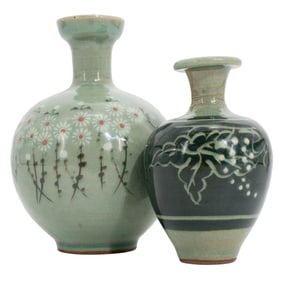 (2 Pc) Korean Celadon Stoneware Vases