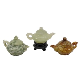 (3 Pc) Carved Jade Miniature Teapots Collection
