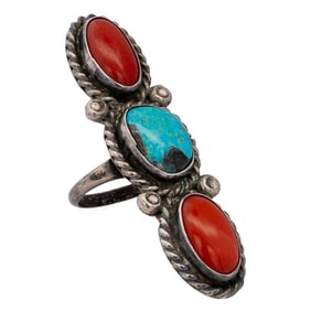 Mexican Signed Sterling Silver, Turquoise, and Carnelian Ring