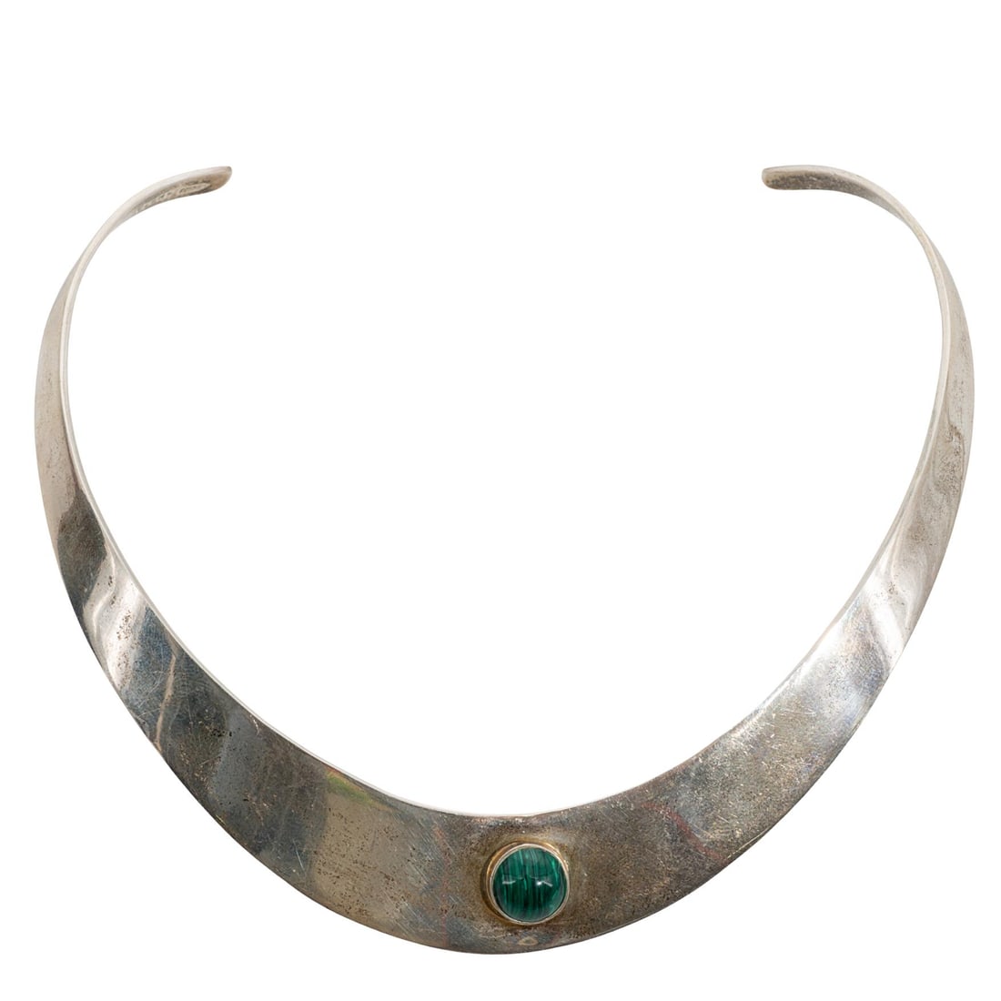 Mexican Sterling Silver and Malachite Necklace: Mexican Sterling Silver and Malachite NecklaceEarly to mid 20th century, MexicanMexican sterling silver and malachite necklace. Marked inside near edge with maker's hallmark, likely reading "TECNO" an