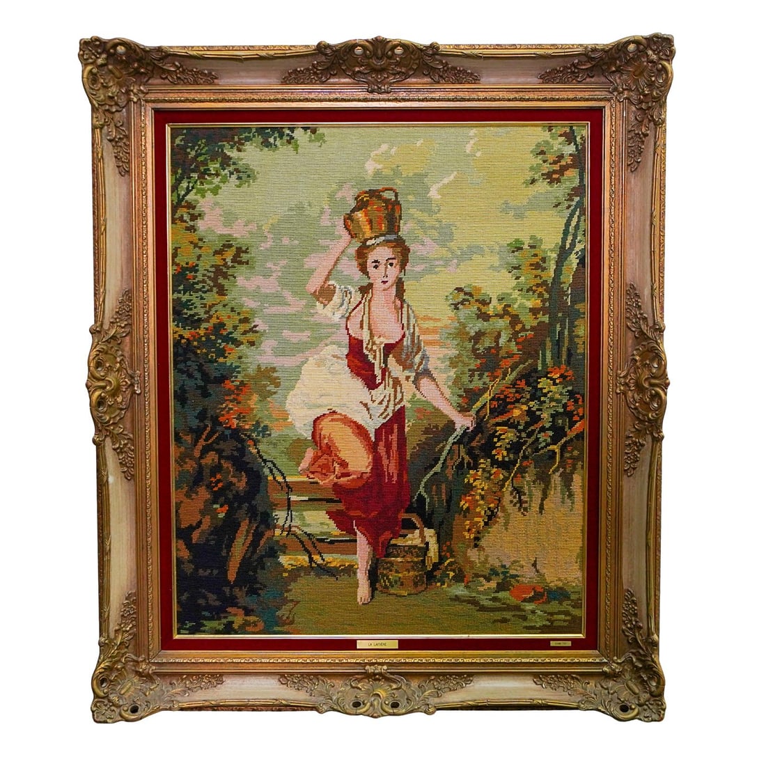 Vintage After JB Huet "La Laitere" Needlepoint: Vintage After JB Huet "La Laitere" Needlepoint 20th century, Continental After JB Huet (French, 1745-1811) needlepoint of his artwork "La Laitere". Gilt wood frame. Marked on bottom "Eliane 73" and "L