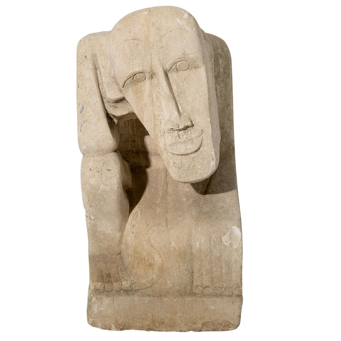 Limestone Figural Sculpture: Limestone Figural Sculpture20th century, PacificLimestone carved figural sculpture of a kneeling man.H 18" W 8 1/2" L 8 1/2"