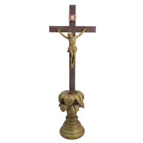 Antique Mixed Metal And Carved Wood Standing Crucifix