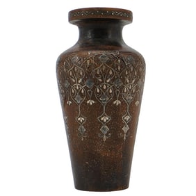 Persian Silver Inlaid Small Carved Wooden Vase