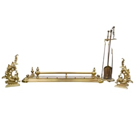 (7 Pc) Vintage Brass Fireplace Frame & Tools