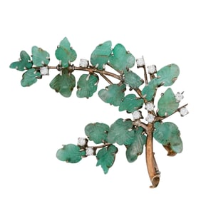 18K Gold, Emerald, and Diamond Leaf Brooch