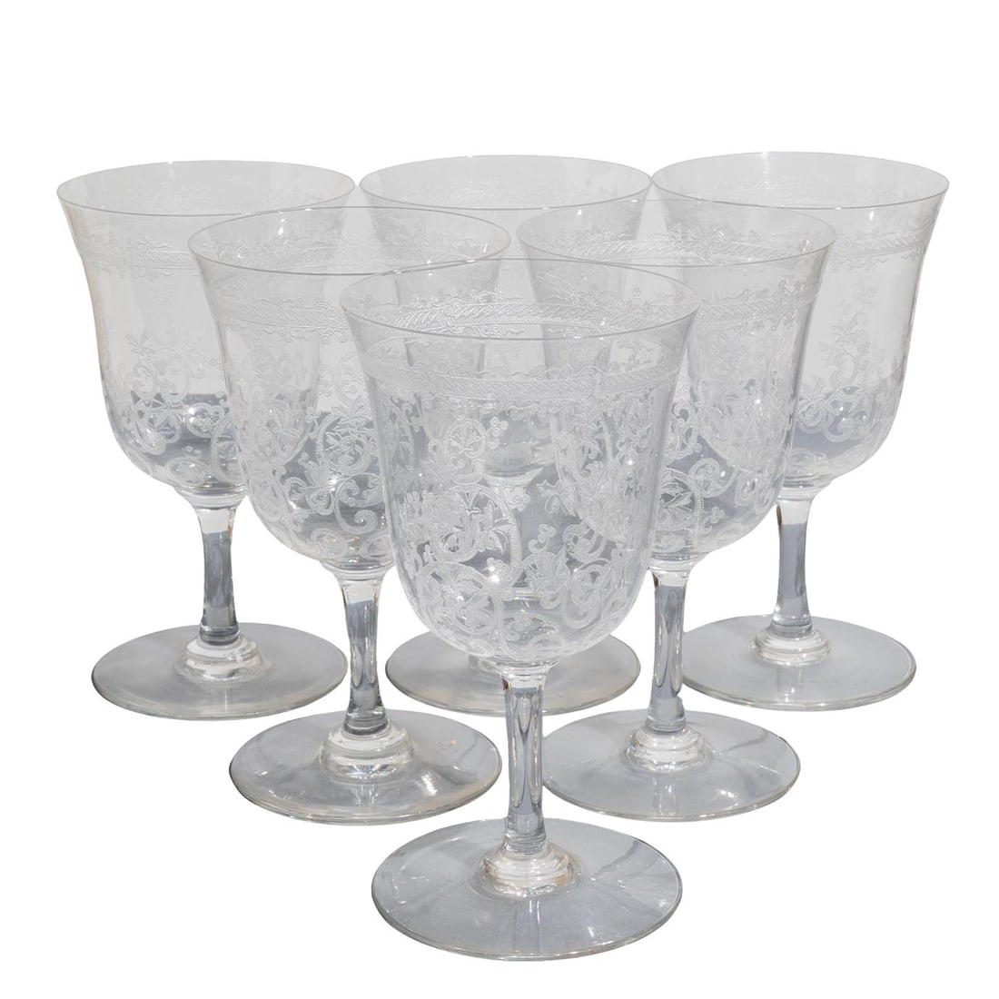 (6 Pc) Baccarat Crystal "Lafayette" Wine Goblets Set: (6 Pc) Baccarat Crystal "Lafayette" Wine Goblets SetEarly 20th Century, FranceBaccarat crystal wine goblets set, in the "Lafayette" pattern, in clear crystal decorated with etched scrolls motif. This