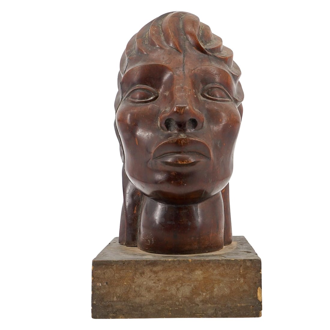 Graham McGuire Wooden Head Sculpture: Graham McGuire Wooden Head Sculpture 20th century, Continental Carved wooden sculpture of a head. Signed on back for an artist "Graham McGuire". Stone base. H 13" W 5 1/2" L 7" Base W 6 1/2" L 6 1/2"