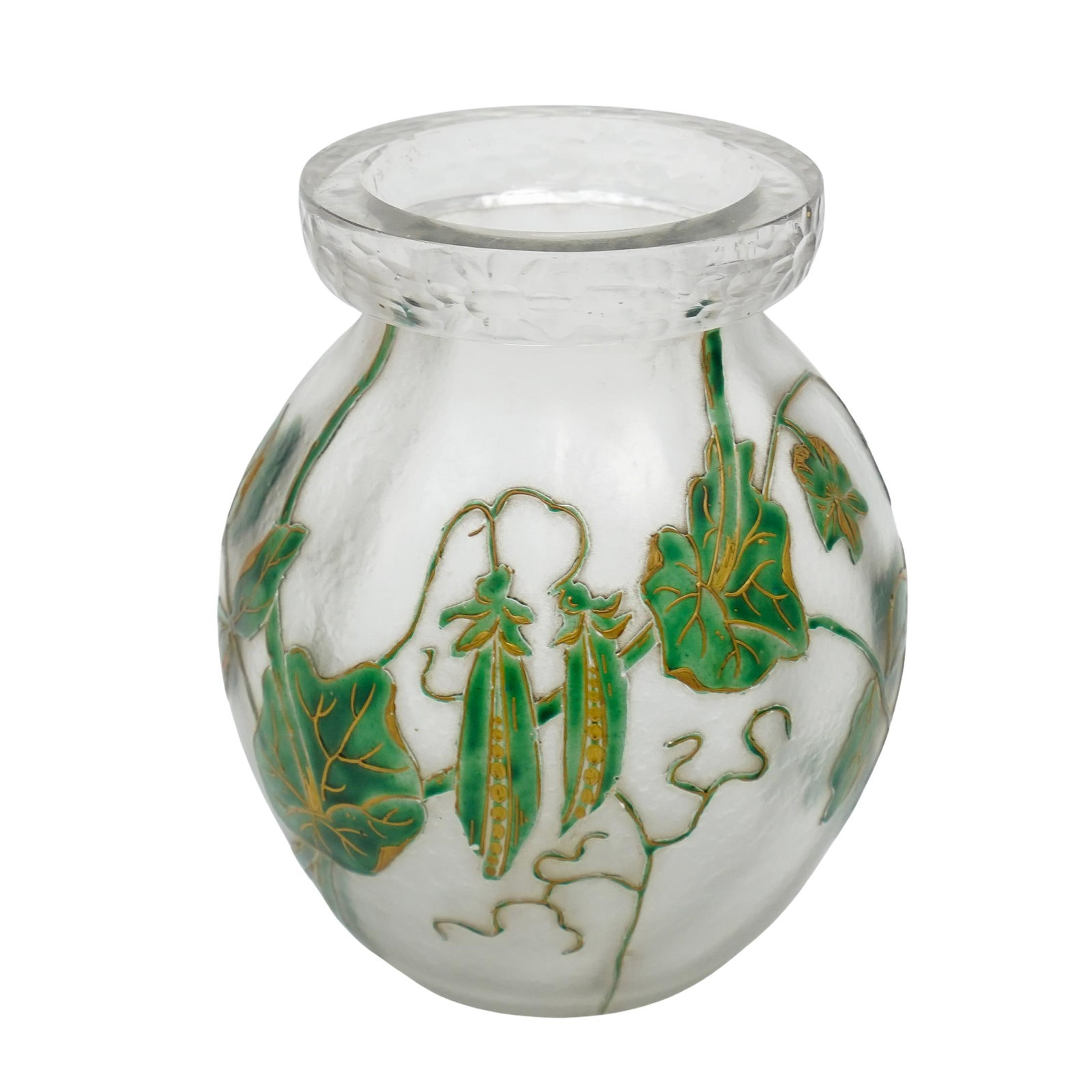 Antique St. Louis Enameled Glass Vase: Antique St. Louis Enameled Glass Vase Late 19th century, France An antique St. Louis frosted glass vase with enameled leaf pattern in green with gilt accents. Marked on bottom with St. Louis hallmark 