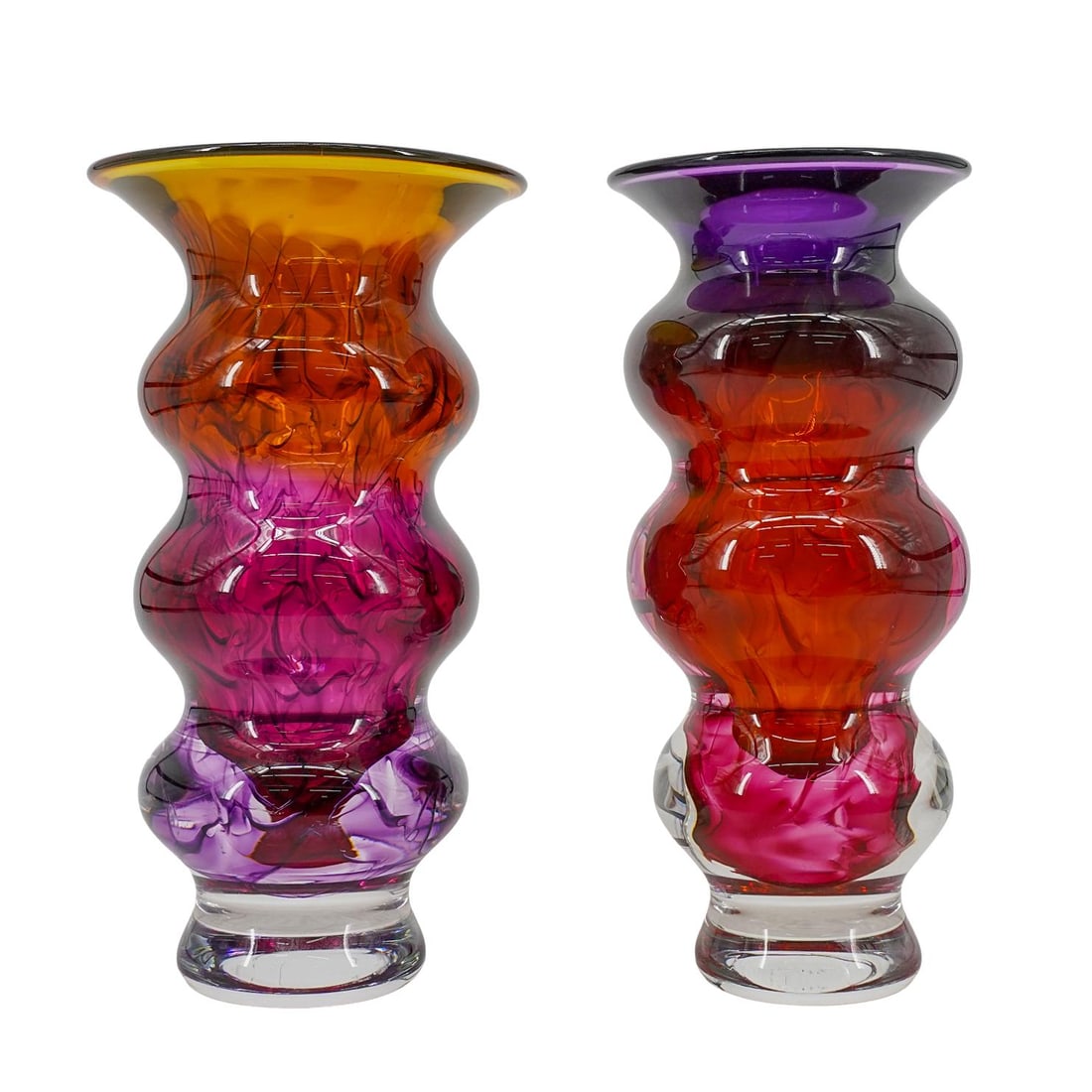 Pair of Signed Art Glass Triple Gourd Vases (1 of 14)