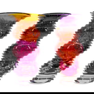 Pair of Signed Art Glass Triple Gourd Vases: Pair of Signed Art Glass Triple Gourd Vases2006, ContinentalA pair of art glass triple gourd style vases, each in a sunset color scheme featuring purples, oranges, and reds. Each is signed by the arti