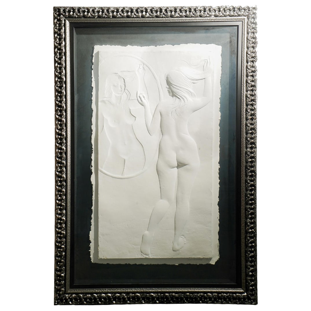 Bruno Lucchesi (b. 1926, Italian/American) Nude Woman Paper Relief: Bruno Lucchesi (b. 1926, Italian/American) Nude Woman Paper Relief20th century, ItalyA Bruno Lucchesi (b. 1926, Italian/American) nude woman with mirror cast paper relief. Signed by artist in lower ri
