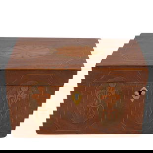 Antique Wooden Marquetry Box: Antique Wooden Marquetry BoxLate 19th-early 20th century, EuropeAn antique wooden box with marquetry designs on front and top featuring floral motifs and a decorative design. Inside has two compartmen