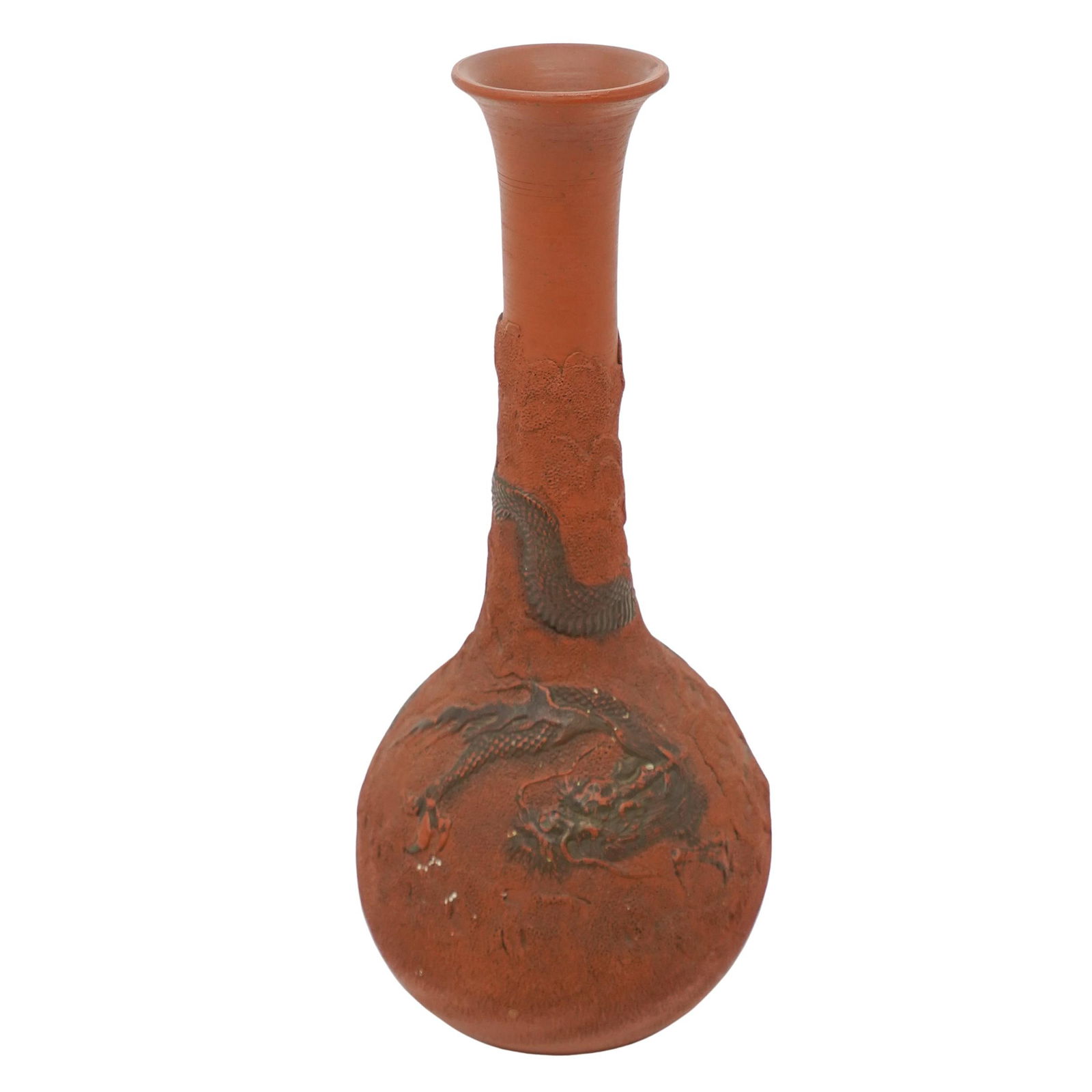 Antique Chinese Redware Porcelain Vase: Antique Chinese Redware Porcelain VaseEarly 20th century, ChinaAntique Chinese redware vase made of porcelain reddish-brown clay with a long flared neck and bulbous base. Features a high-relief dragon