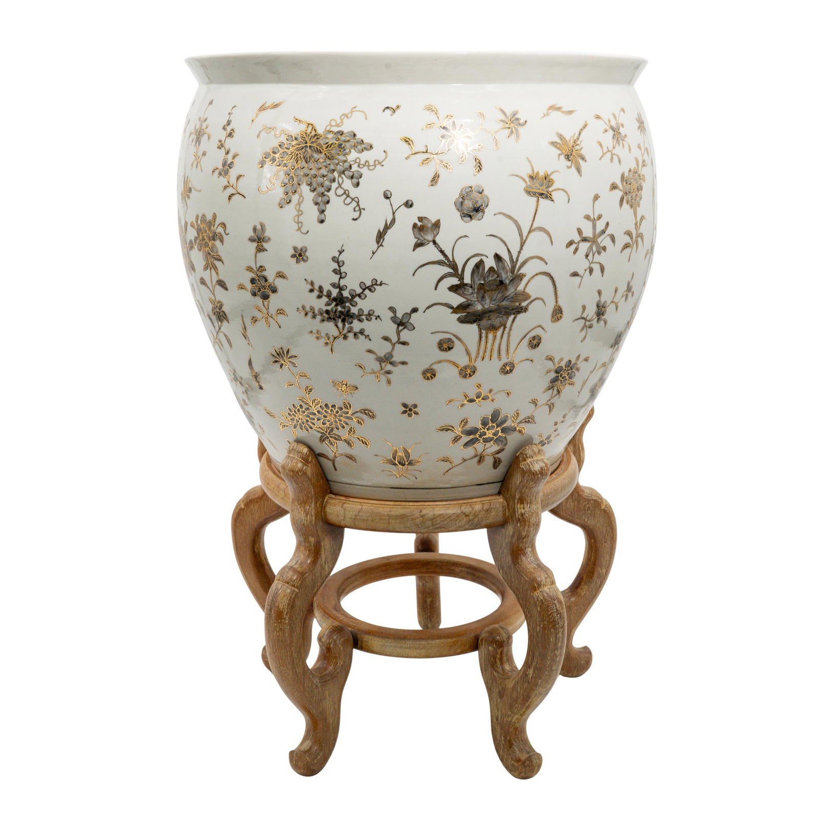 Chinese Porcelain Planter W/ Gilt Floral & Butterflies Decorations: Chinese Porcelain Planter W/ Gilt Floral & Butterflies Decorations 20th Century, China A Chinese porcelain planter featuring hand-painted floral and butterflies motifs over a white ground, accented wi