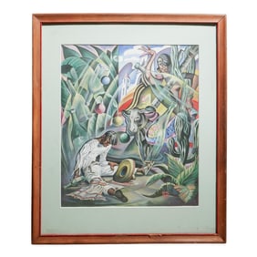 "R.S" Signed Surrealist Figural Gouache Painting