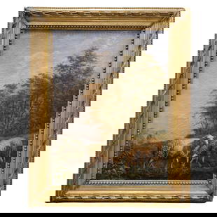 Antique Signed Oil On Canvas Pastoral Painting: Antique Signed Oil On Canvas Pastoral Painting19th Cent, EuropeanAntique oil on canvas painting, depicting a pastoral scene with two sheep grazing in the foreground. Signed illegibly at lower right an
