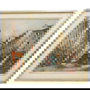Signed Oil on Canvas Street Scene: Signed Oil on Canvas Street Scene20th century, ContinentalAn oil on canvas painting of a street sene. Signed likely "Caesar" in bottom left. Brushed gold wooden frame.Frame 25 3/4" x 29 3/4" Art 19 1/