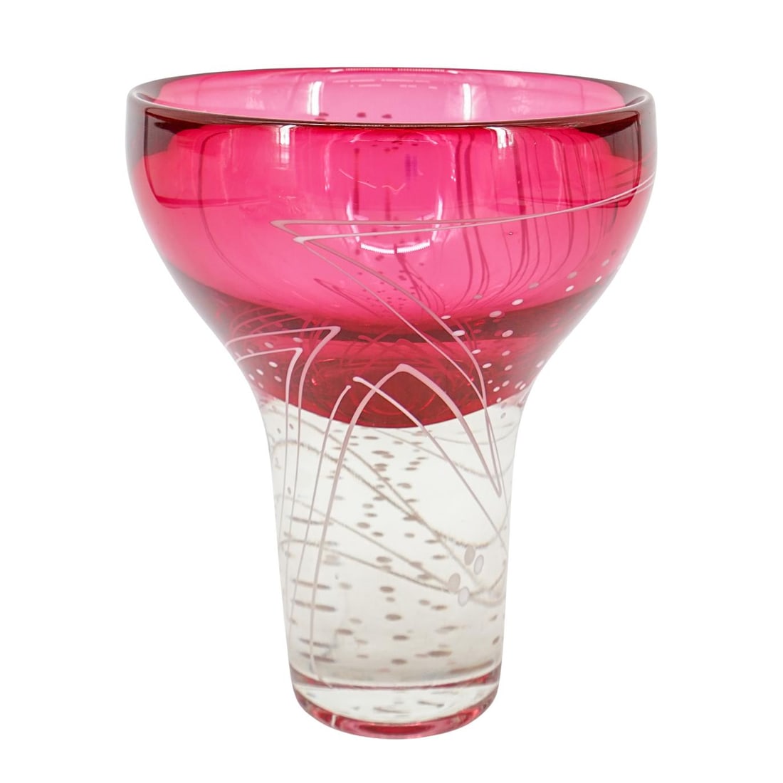 Vintage Signed Cranberry Glass Centerpiece: Vintage Signed Cranberry Glass Centerpiece 20th century, Continental Vintage cranberry glass weighted centerpiece dish with white and light pink decorative patterns. Signed by artist on bottom (legibl