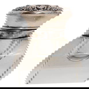 Sterling Silver and Glass Inkwell: Sterling Silver and Glass Inkwell20th century, ContinentalGlass inkwell with a sterling silver lid. The lid features engraved initials and a raised floral and foliate motif. It is stamped and marked "