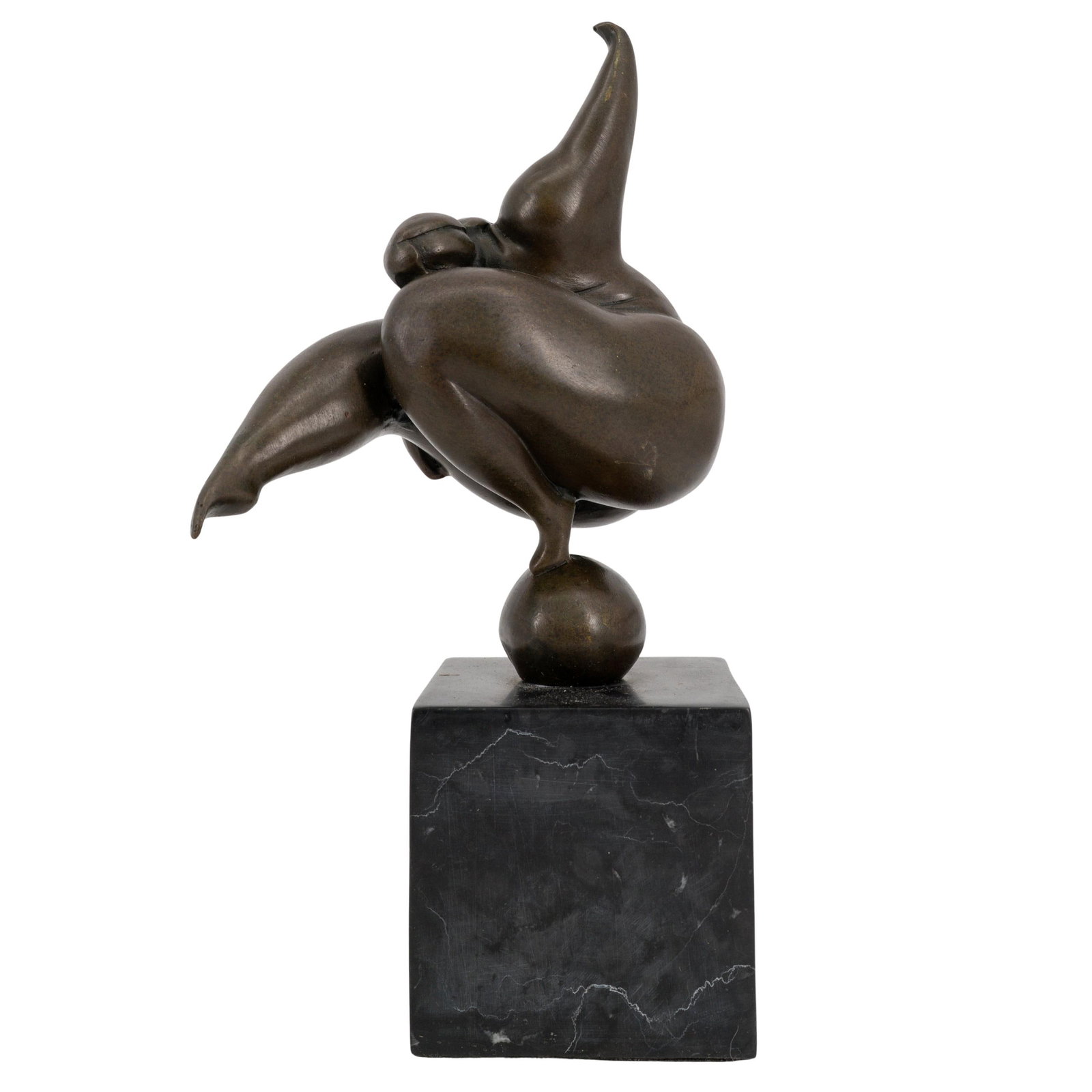 Milo (b. 1955, Portuguese) Nude Bronze Acrobat Statue: Milo (b. 1955, Portuguese) Nude Bronze Acrobat Statue Mid to late 20th century, Portugal A nude bronze acrobat balancing on a ball by sculptor Miguel Fernandez Lopez (Milo, b. 1955, Portuguese). Marbl