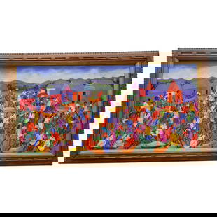 Maurice Guerre (Haitian, b. 1947) Signed Oil Painting: Maurice Guerre (Haitian, b. 1947) Signed Oil PaintingLate 20th c., HaitiLarge oil painting on board featuring a colorful Haitian market scene housed in a carved wood frame. It is signed M. Guerre at t