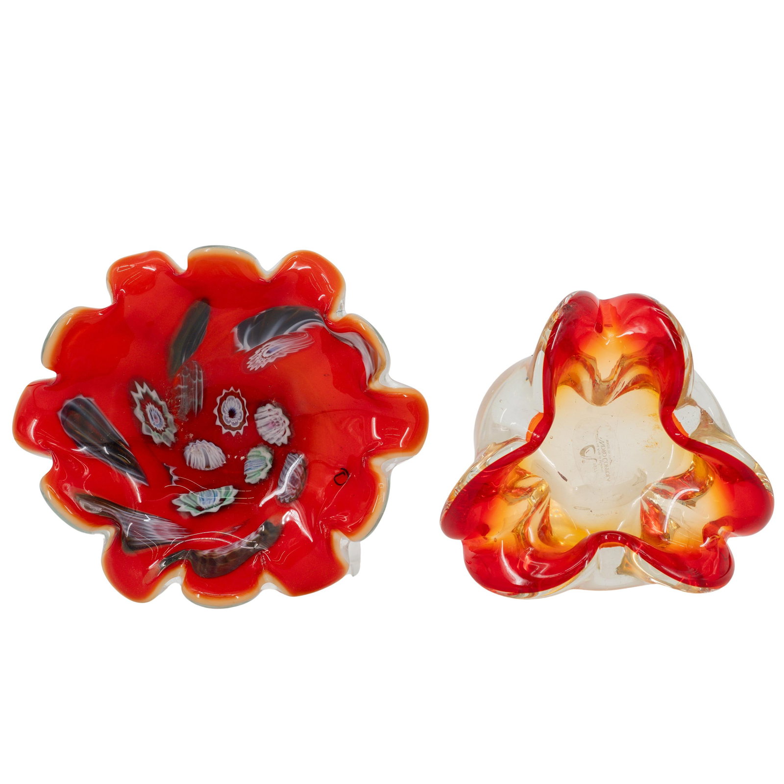 (2 Pc) Murano Art Glass Ruffled Bowls: (2 Pc) Murano Art Glass Ruffled Bowls 20th Century, Italy Pair of Murano art glass bowls with ruffled rim, including: one (1) Murano Incamiciato art glass bowl, in red glass with multicolored millefio
