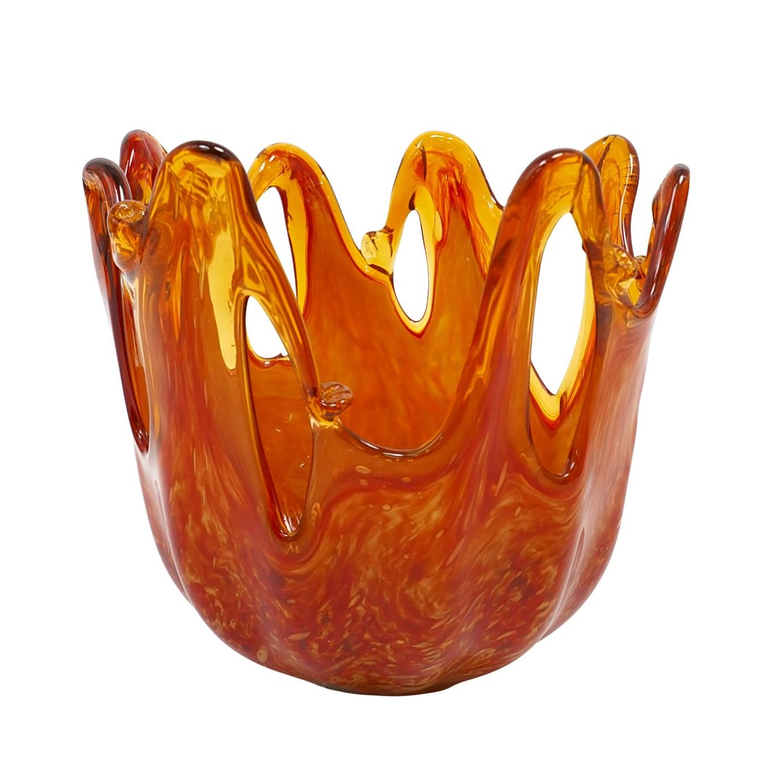 Murano Orange "Splash" Glass Bowl: Murano Orange "Splash" Glass Bowl 20th century, Italy A Italian Murano orange "splash" design glass bowl. Marked on bottom with "hand-made in Italy Murano" sticker. H 8 1/4" Diameter 9"