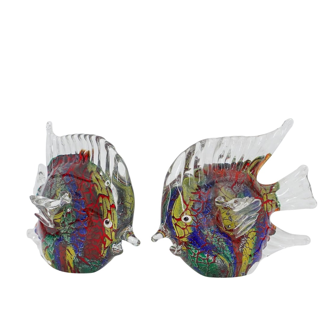 Pair Of Murano Sommerso Art Glass Fish Sculptures: Pair Of Murano Sommerso Art Glass Fish Sculptures 20th Century, Italy Pair of Murano art glass fish sculptures with clear body and fins, and multicolored abstracted interior. Finished with protruding 