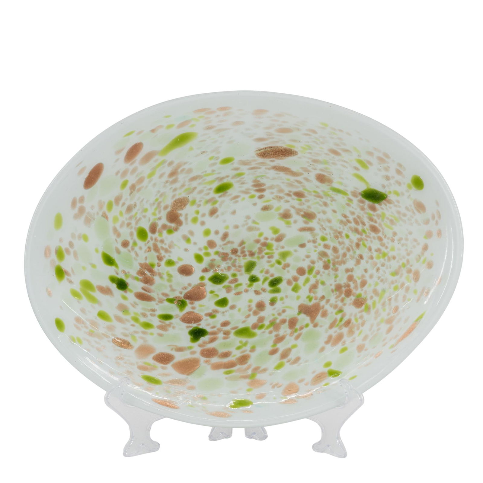 Murano Oval Glass Centerpiece: Murano Oval Glass Centerpiece20th Century, ItalyMurano art glass oval platter centerpiece, in white glass, decorated with splashes of green glass and copper aventurine.W: 15" D: 11 1/2"
