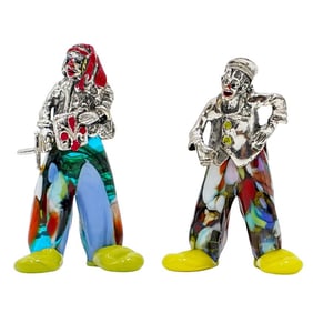 Pair of Vittorio Angini Silver Murano Glass Clowns