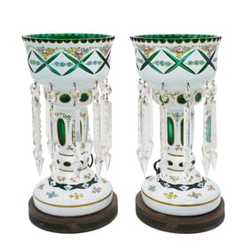 Pair of Antique Bohemian Mantle Luster Glass Lamps