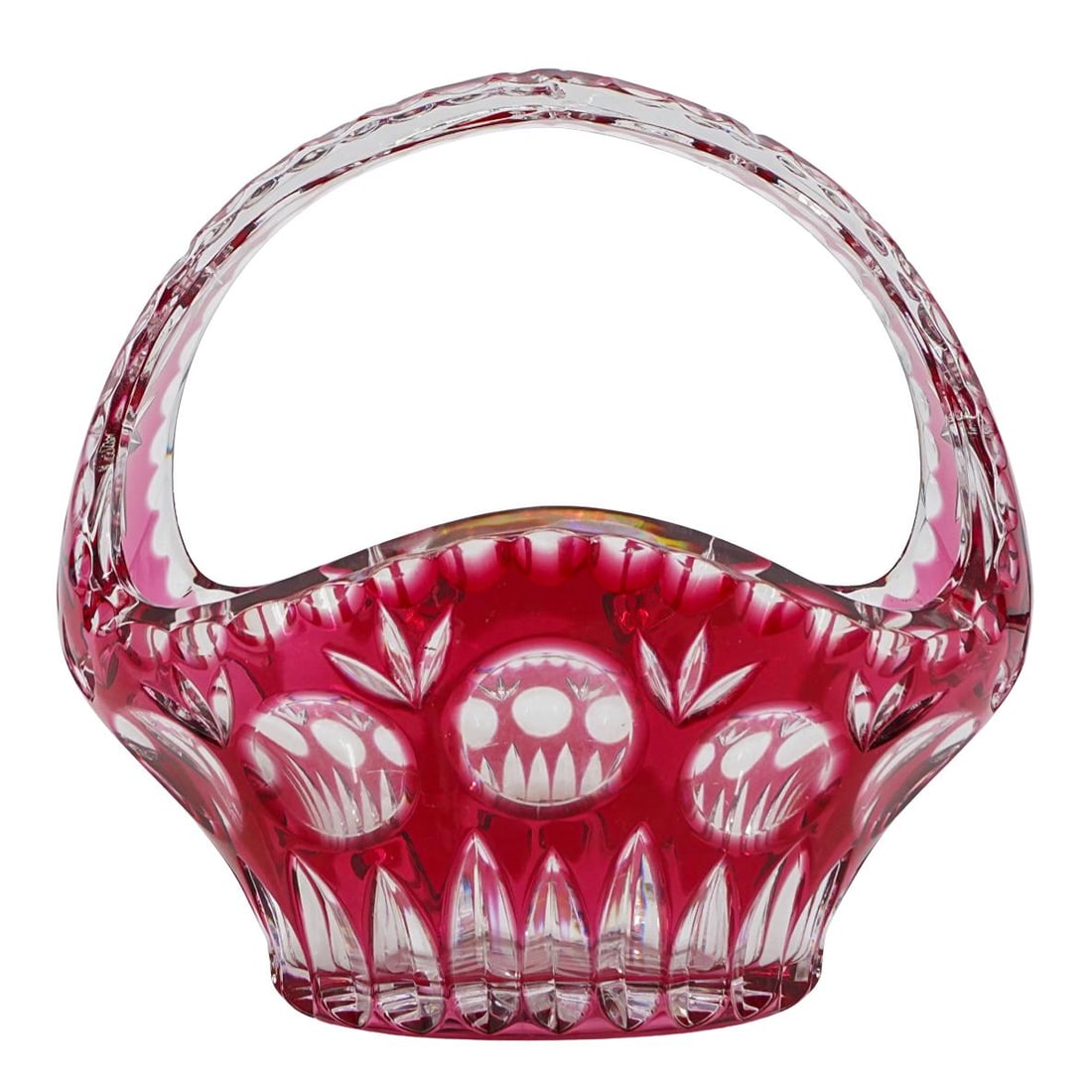 Vintage Cranberry Cut To Clear Glass Bon Bon Candy Basket: Vintage Cranberry Cut To Clear Glass Bon Bon Candy Basket 20th Century, Continental A vintage cranberry cut to clear glass bon bon candy basket with handle and cut designs. H: 8" W: 8"