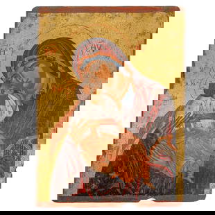 Orthodox Christian Icon of the Virgin Mary w/ Infant Jesus: Orthodox Christian Icon of the Virgin Mary w/ Infant Jesus20th century, EuropeOrthodox Christian icon depicting the Virgin Mary holding the infant Jesus Christ. The icon is made of wood. On the back i
