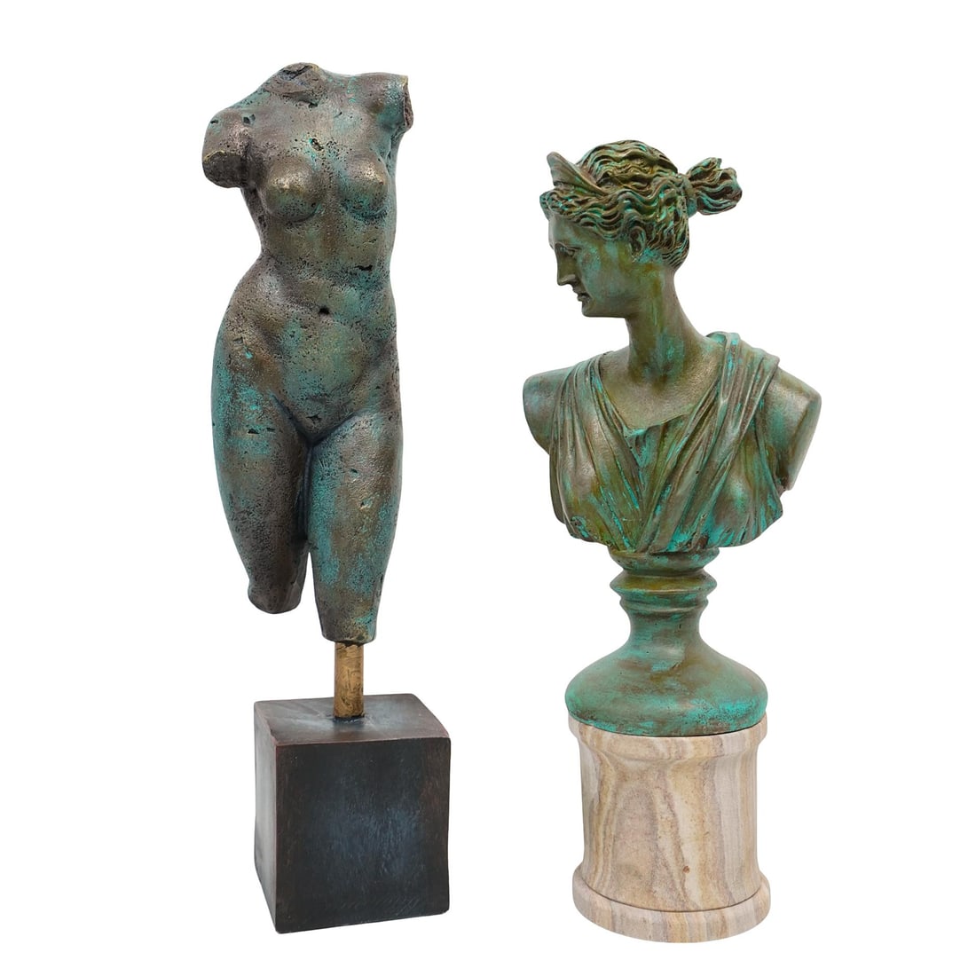 (2 Pc) Verdigris Composite Busts: (2 Pc) Verdigris Composite Busts 20th century, Continental A two-piece grouping of composite figural busts with applied verdigris. One is a Neoclassical figural and the other is a female nude form. Af