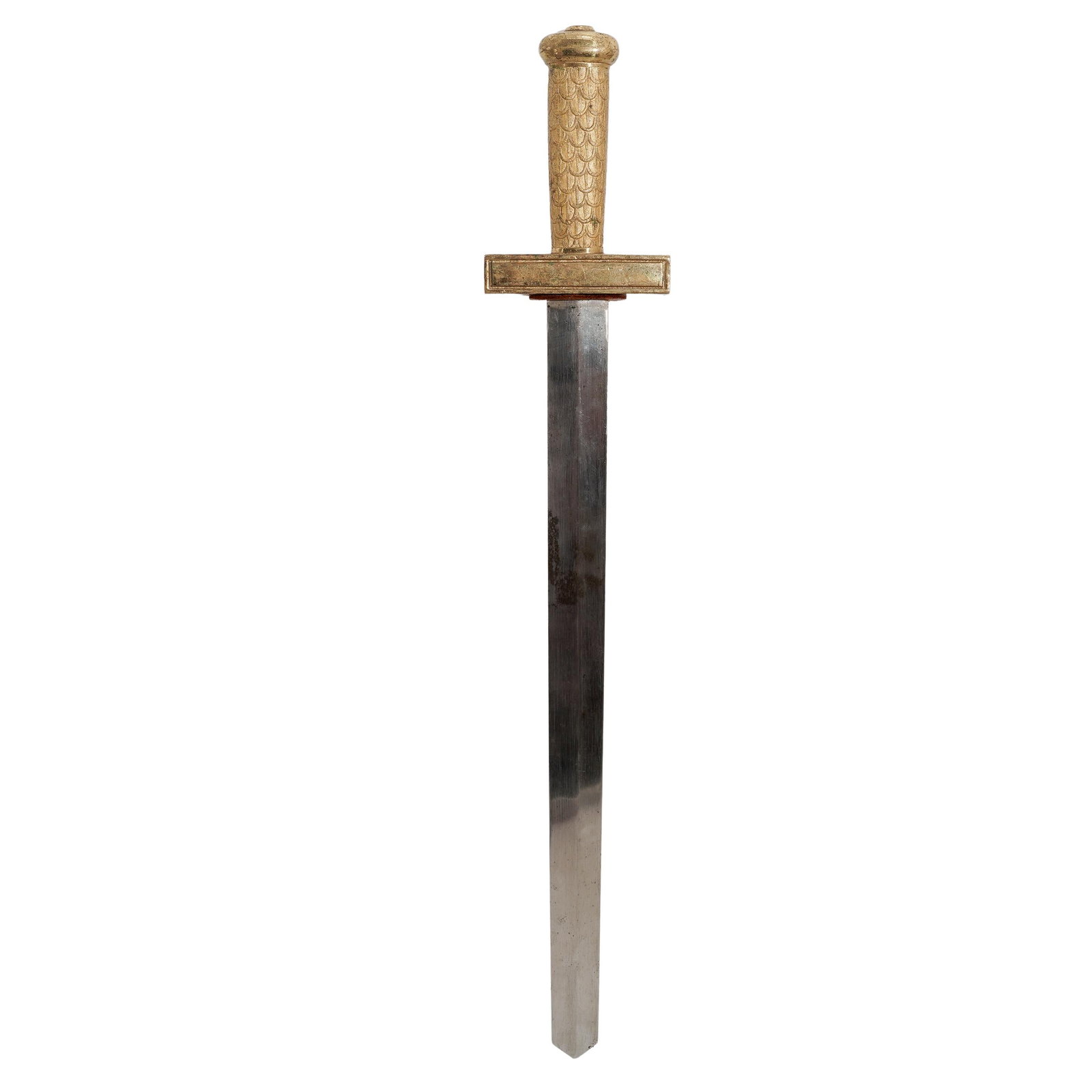 Islamic Shamir Sword: Islamic Shamir Sword 20th century It features a straight blade with a dark finish, a gold-toned hilt with a fish-scale patterned grip, and a rectangular crossguard with minimal ornamentation. L: 26"
