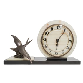 Spelter and Onyx Bird Mantle Clock