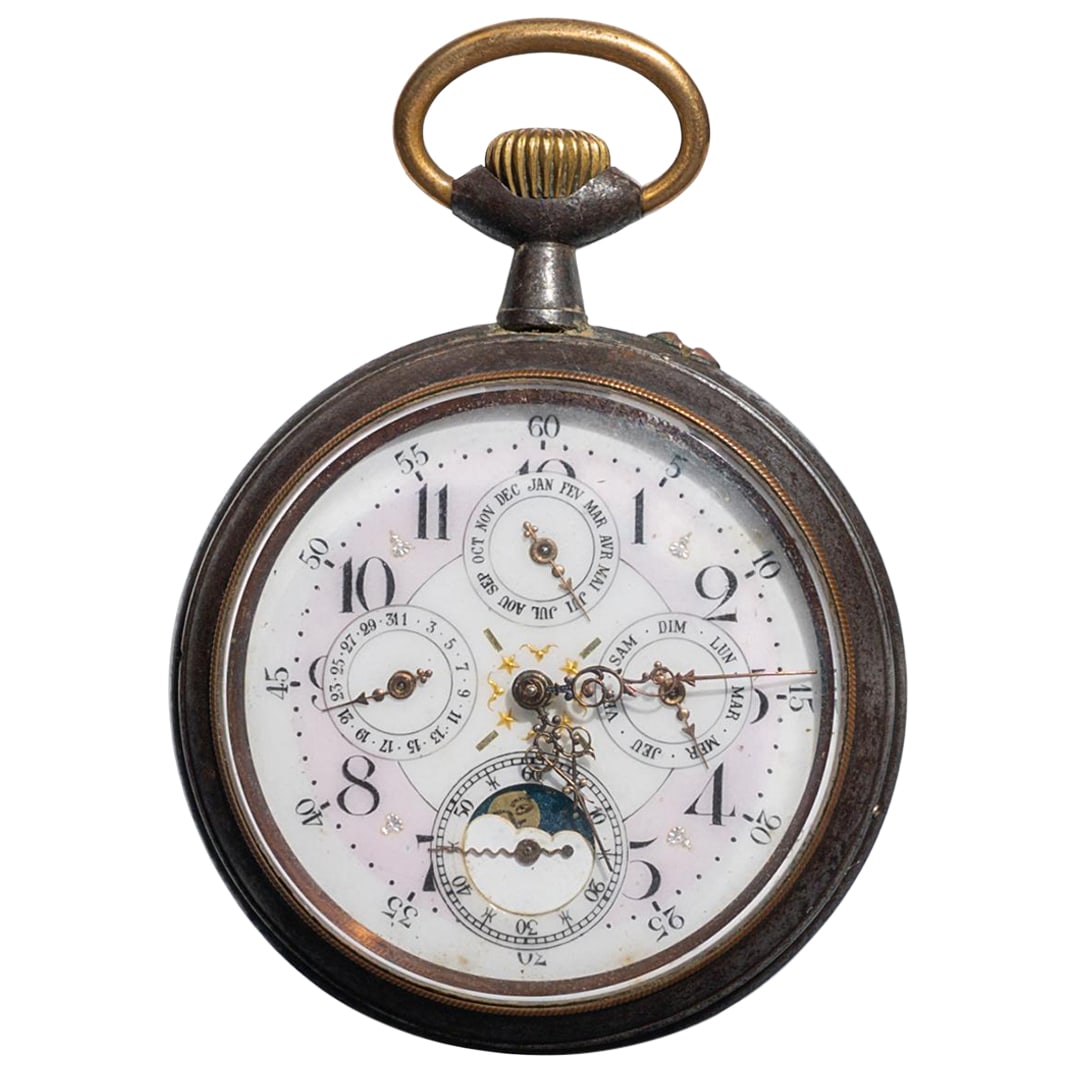 Antique French "Acier Garanti" Steel Pocket Watch: Antique French "Acier Garanti" Steel Pocket Watch Late 19th century, France An antique steel case pocket watch. Hand-painted elements on front including celestials for morning and night, and small gil