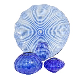 (4 Pc) Bob Briggs Blue Art Glass, Signed