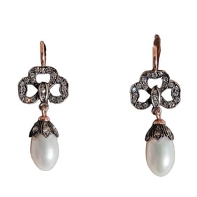 Antique Imperial Two-Tone 14K Gold, Pearl, & Diamond Earrings