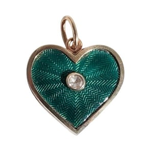 Antique Faberge 14K Gold, Guilloche & Diamond Heart Pendant