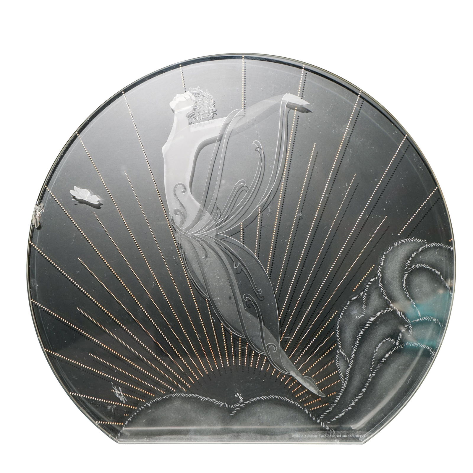 Erte (Russian/French, 1892-1990) "Sunrise" Etched Crystal Relief: Erte (Russian/French, 1892-1990) "Sunrise" Etched Crystal Relief1980s, USALimited edition large Luminiere etched crystal artwork by Romain de Tirtoff depicting a woman who appears to be flying with a